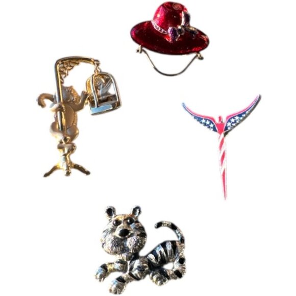 Jewelry - Lot of 4 Pin Brooches -Hat w/ Bow, American Angel, Tiger Cat & Cat Teasing Bird
